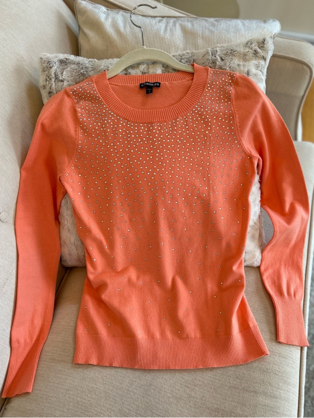 Express Vibrant Coral Rhinestone Sweater